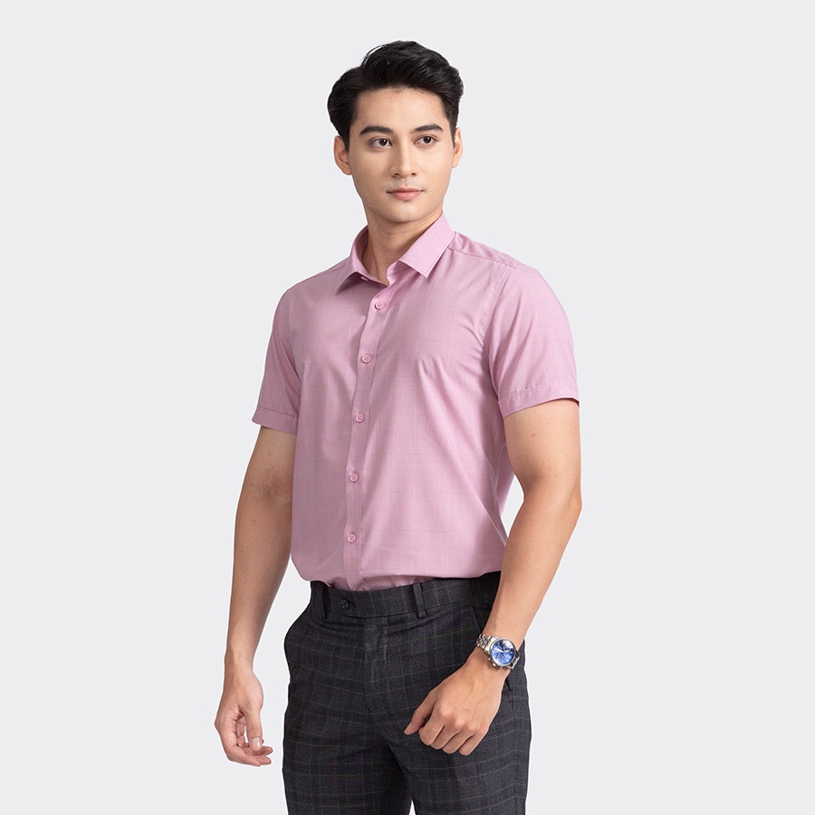 Áo Sơ Mi Nam Ngắn Tay ARISTINO ASS009S2 Somi Công Sở Cao Cấp Màu Hồng Kẻ Dobby Vải Sợi Sồi Dáng Ôm Tà Lượn Không Túi