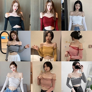 Áo kiểu crop top dệt kim tay dài trễ vai ôm dáng quyến rũ dành cho nữ