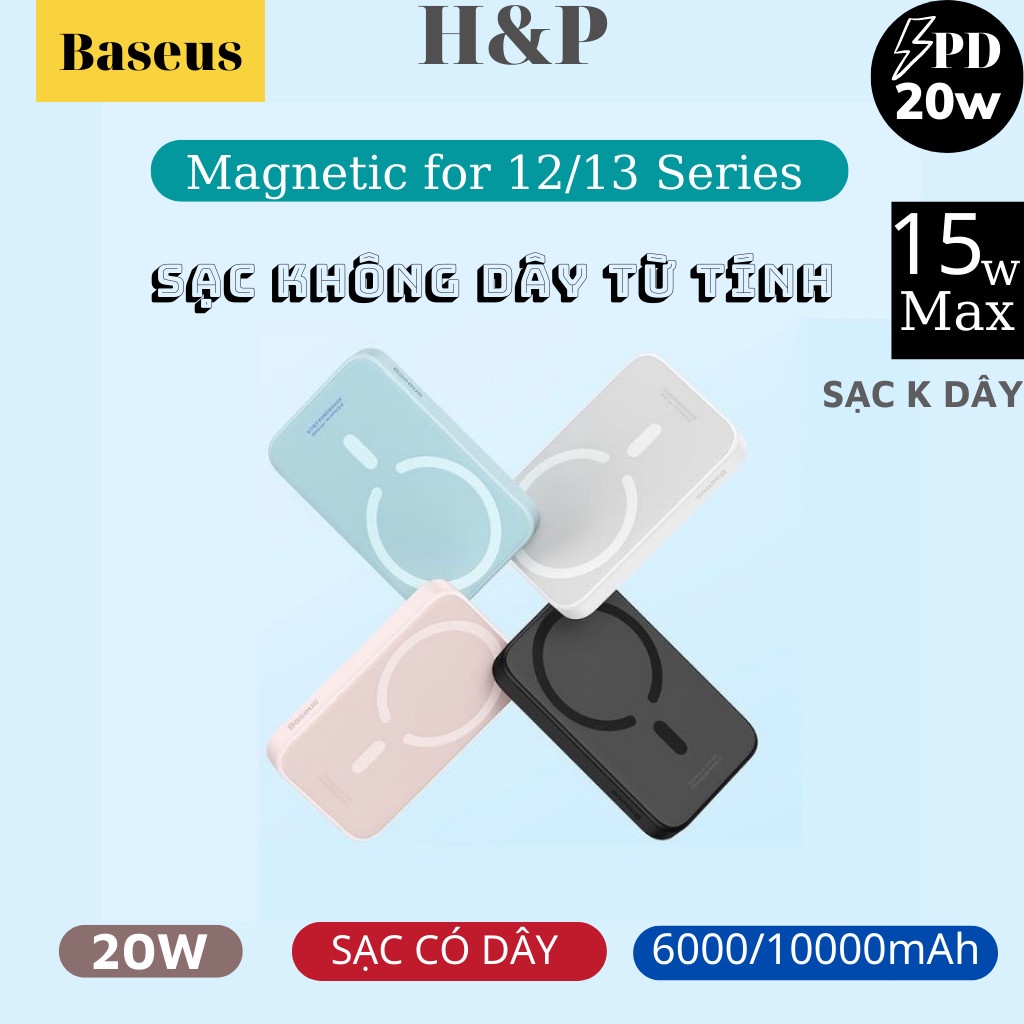 Sạc Dự phòng Baseus 6000mAh 20W PD, Sạc không dây thích hợp cho iphone 14/13/13pro/12/12mini/Xmas/8p/7p vv........