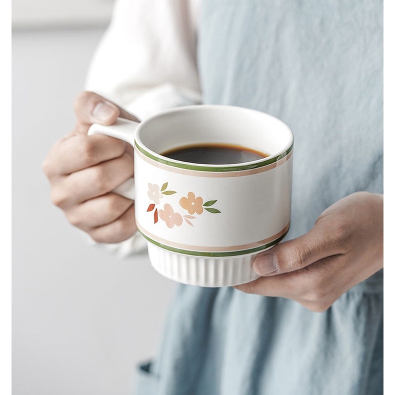 Cốc sứ uống trà, cafe 320ml in hình hoa vintage phong cách Bắc Âu