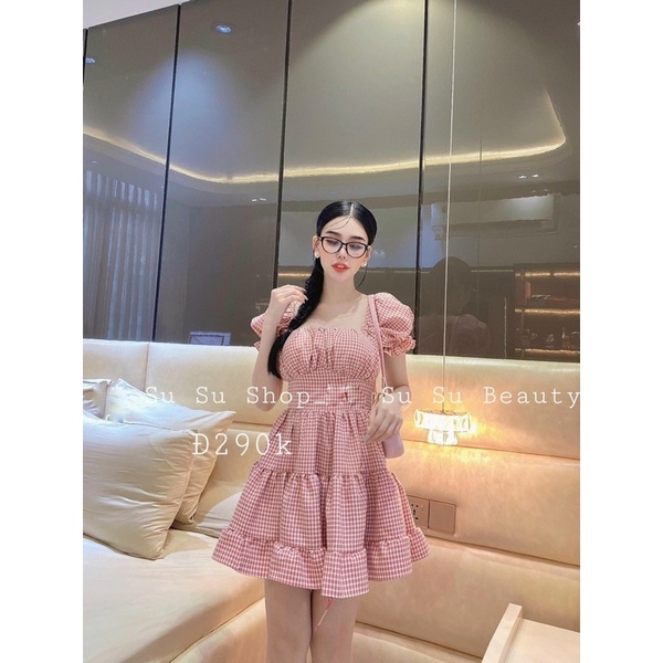 Đầm xoè tay phồng sọc caro phối tầng đi dạo đi chơi siêu dễ thương