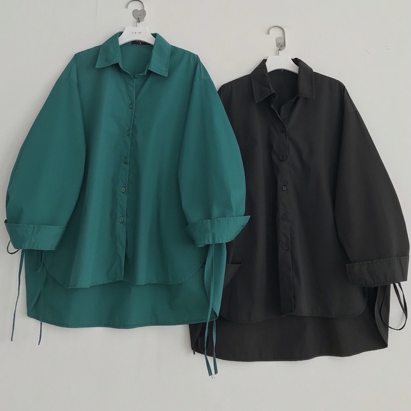Áo Sơ Mi Nữ Đuôi Tôm Xẻ Vạt Màu Xanh-Áo Sơ Mi Nữ Form Rộng Thiết Kế Dây Buộc Bên Hông Lên Form Siêu Xinh