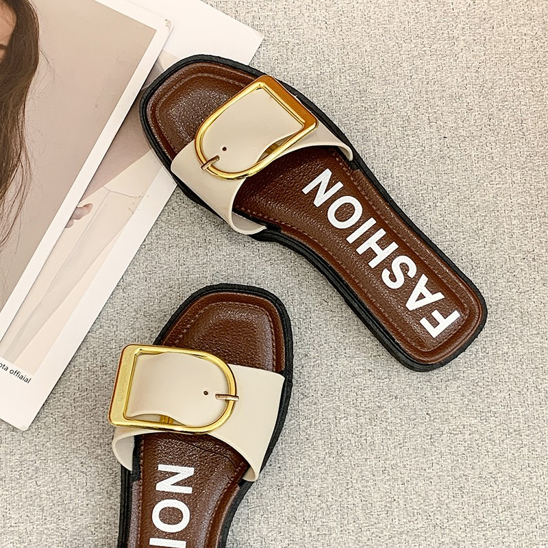 2021 Summer New Korean-Style Sandals and Slippers Women's Outer Wear Square Buckle Flat Casual Fashion Soft-Sole Beach W