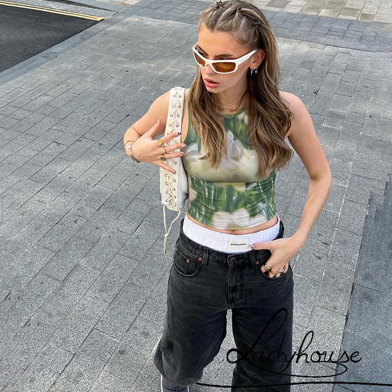 Áo Croptop Không Tay Cổ Tròn In Họa Tiết Hoa Đơn Giản Dành Cho Nữ