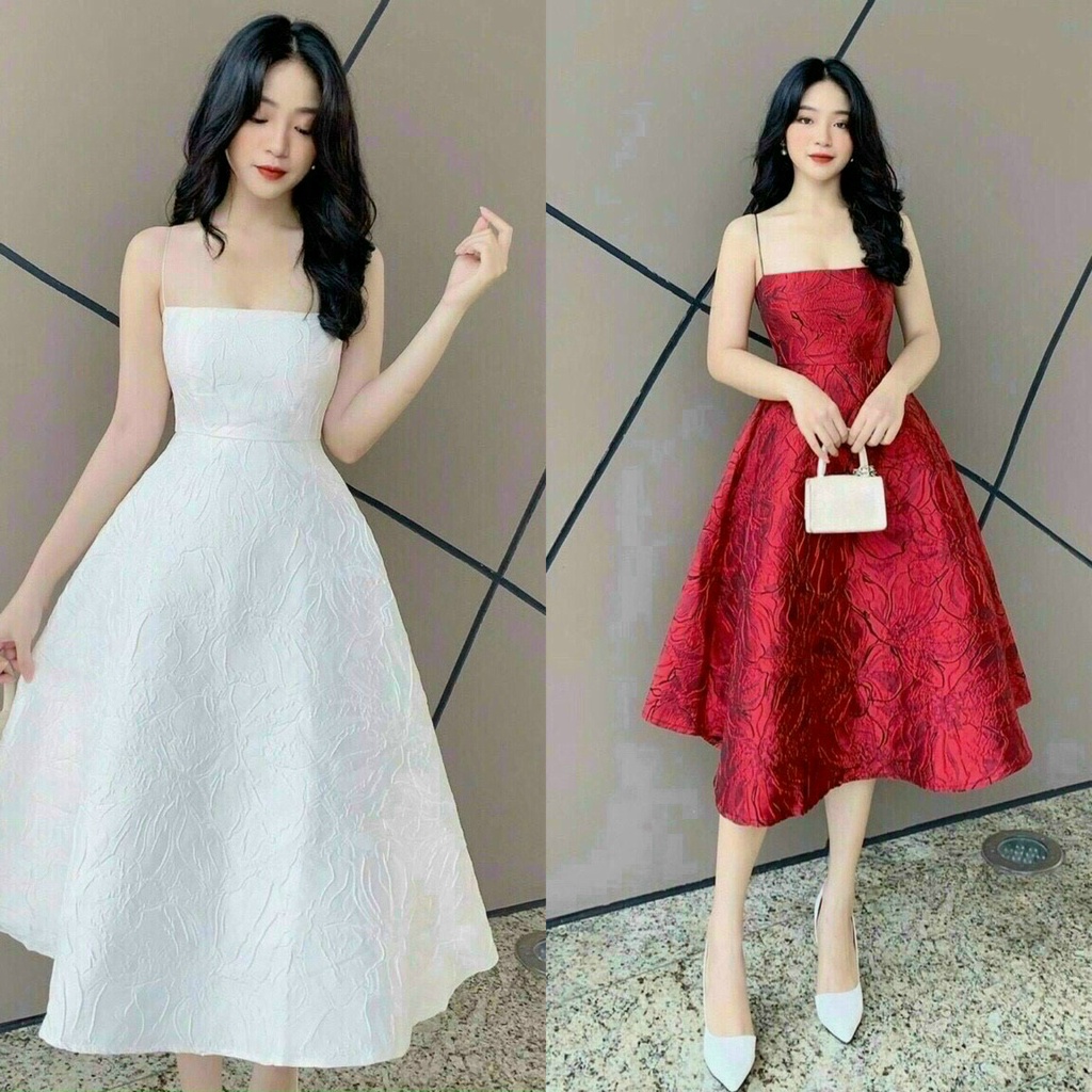 ĐẦM XÒE 2 DÂY, VÁY GẤM HOA DỰ TIỆC SANG CHẢNH 2 MÀU ĐỎ TRẮNG - 1QC05