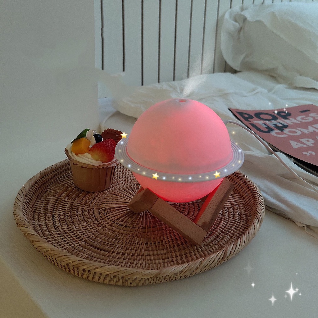 Máy Tạo Độ Ẩm Không Khí Creative Planet Kiêm Đèn Ngủ 7 Màu Chân Đế Gỗ [Kèm Lỗi Thay Thế, Cáp Sạc]