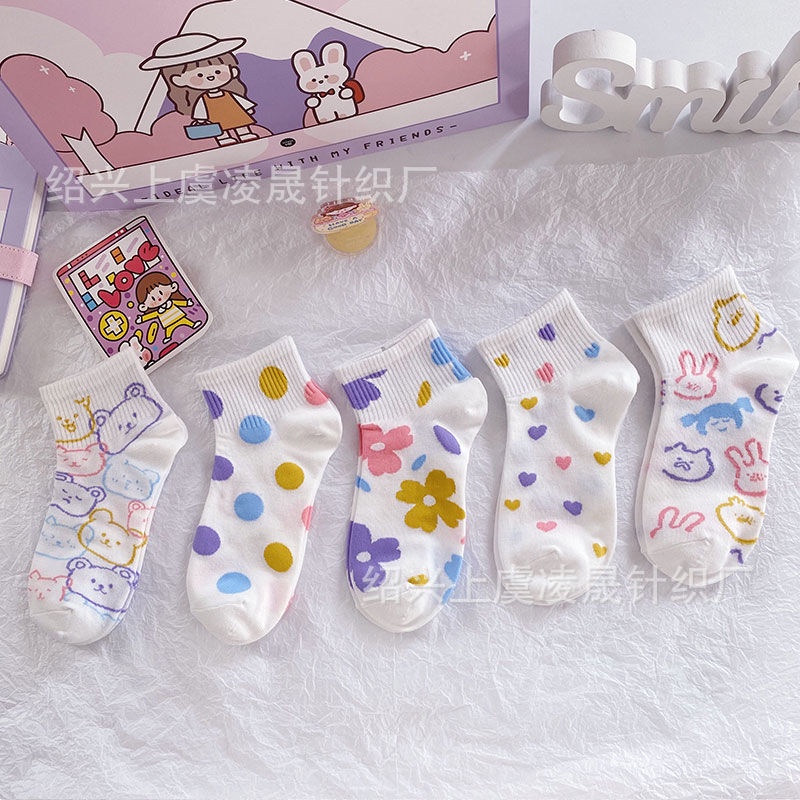 Tất vớ nữ cổ thấp cotton mỏng thoáng hoạ tiết Thỏ Gấu nhiều màu dễ thương