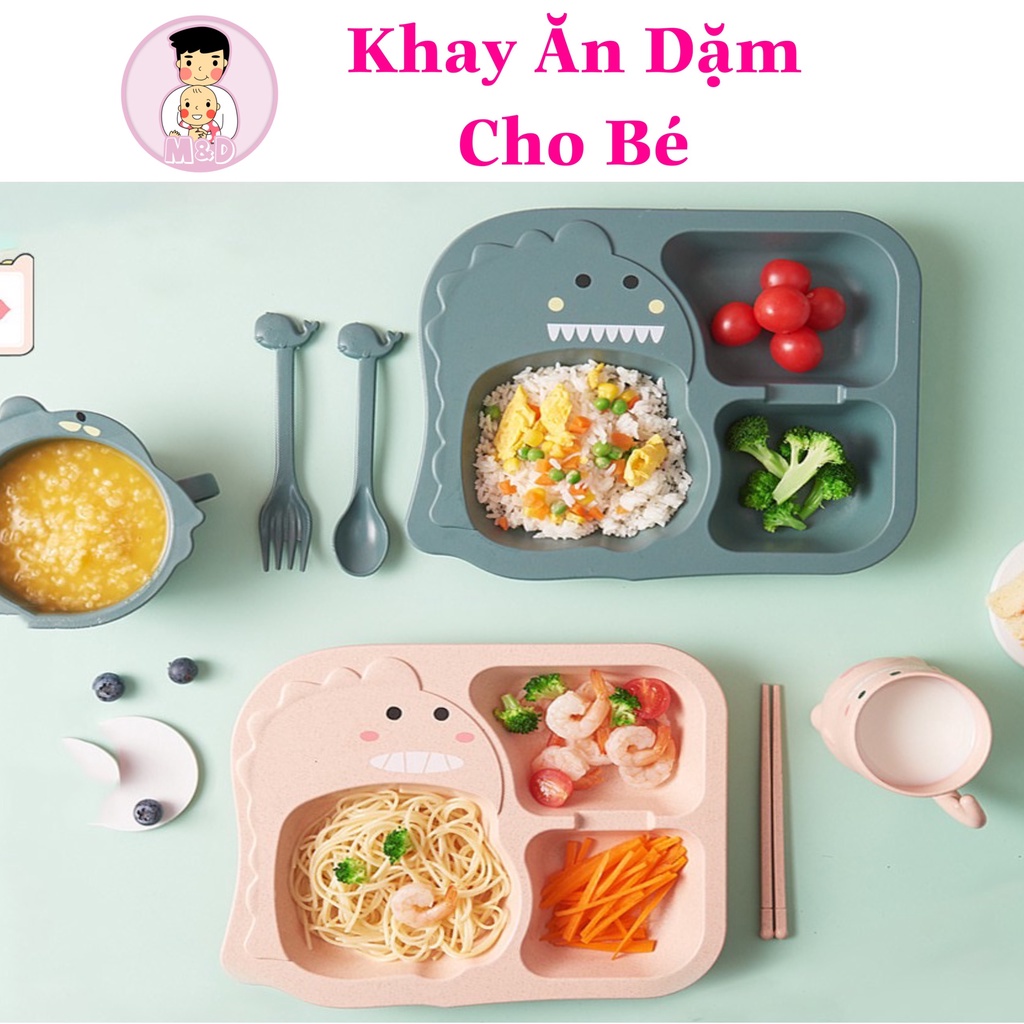 Khay ăn dặm, khay tập ăn cho bé, làm bằng lúa mạch hình khủng long 2 màu cho bé.