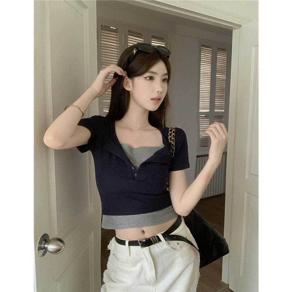 qkoole  Áo Thun Ngắn Tay Giả Hai Lớp Dáng Ôm Thời Trang Dành Cho Nữ