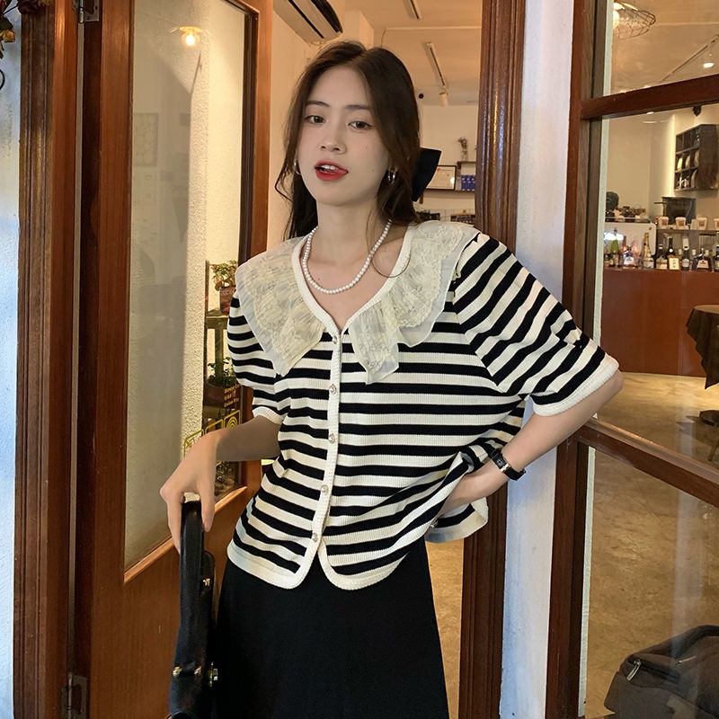 Áo Thun Ngắn Tay Cổ Búp Bê Phối Lưới Kẻ Sọc Phong Cách Hàn Quốc Cổ Điển Thời Trang Cho Nữ