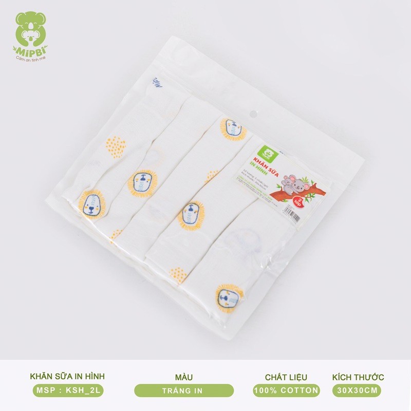 Túi 5 khăn sữa 2 lớp in hình Mipbi 100% COTTON kích thước 30x30cm Khăn xô Khăn mặt Khăn đa năng in hình cho bé