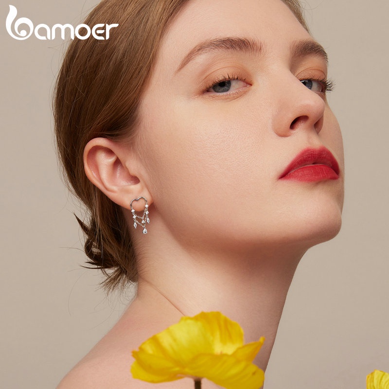 Cặp khuyên tai BAMOER bằng bạc 925 hình trái tim phối tua rua đính đá zircon thời trang sang trọng cho nữ