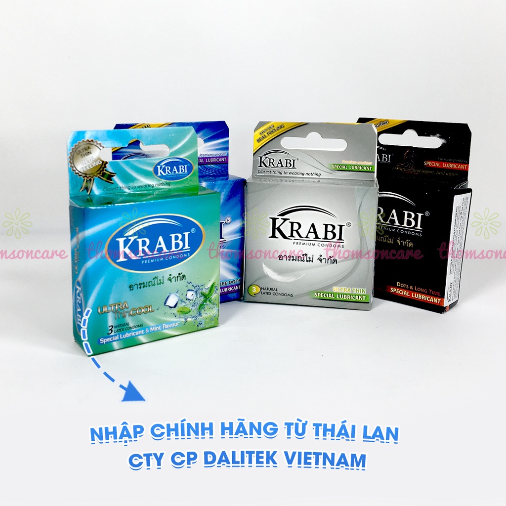 Bao cao su Thái Lan Krabi - bcs siêu mỏng, kéo dài, có gân gai - Hộp 3 chiếc condom