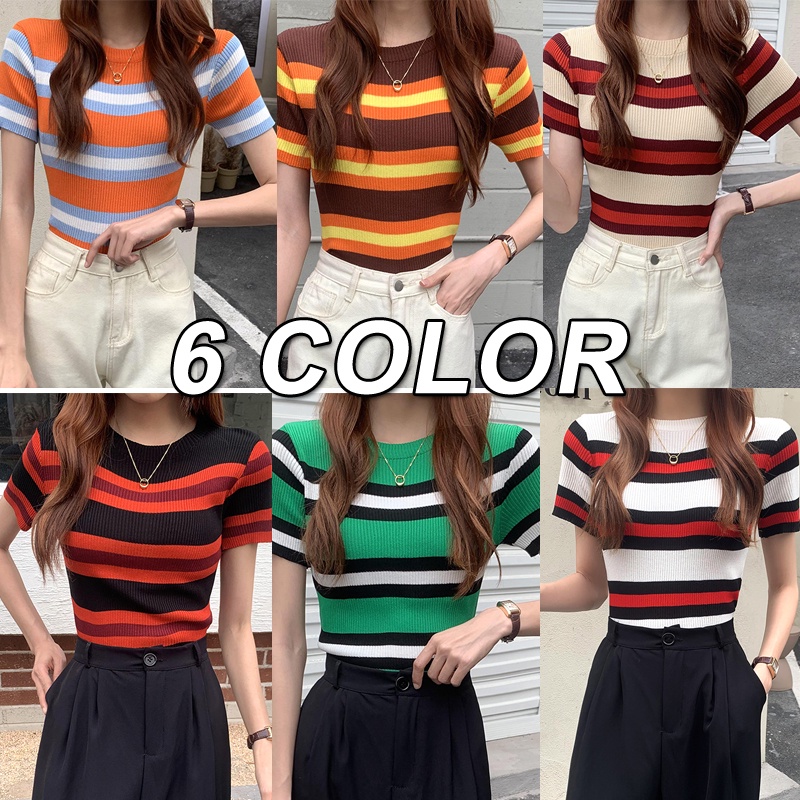Áo Thun Dệt Kim Ngắn Tay Cổ Vuông Kẻ Sọc Thời Trang Trẻ Trung Áo Dệt Kim Ngắn Tay Cổ Tròn Họa Tiết Kẻ Sọc Nhiều Màu Thời Trang Mùa Hè Cho Nữ