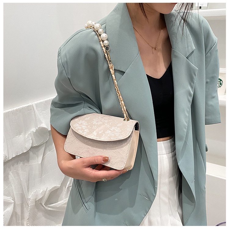 Túi xách đeo chéo nữ vải ren phối dây ngọc nhân tạo phong cách trẻ trung