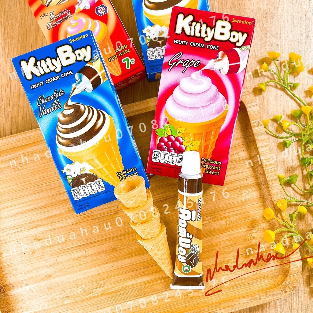 Bánh ốc quế kèm kem sô cô la vani/ dâu/ nho/ cherry tự làm cho bé Kitty Boy hàng Thái xịn hộp 20gam