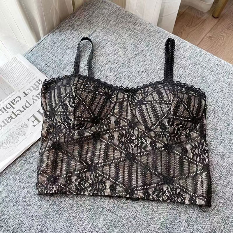 Brroa Áo Crop Top Hai Dây Phối Ren Có Đệm Ngực Màu Trơn Phong Cách Vintage Dành Cho Nữ