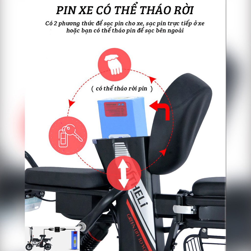 Xe đạp điện gấp gọn, Xe đạp điện đa năng Adman-Theli, Theli gấp gọn - 3 ghế ngồi, Pin Lihium 48v