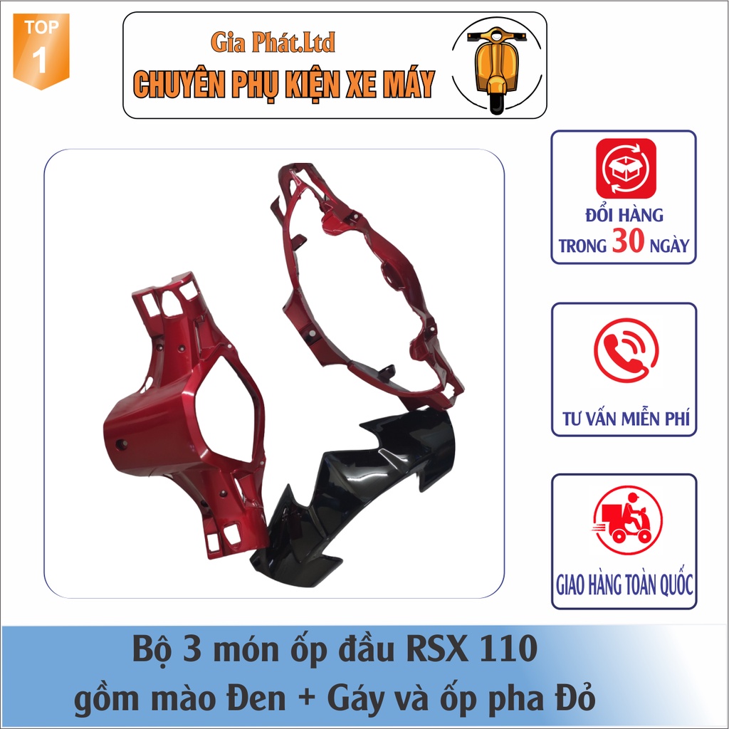 Combo ốp đầu Wave RSX 110  gồm Mào Đen -Gáy Đỏ - và Pha đèn kèm bóng