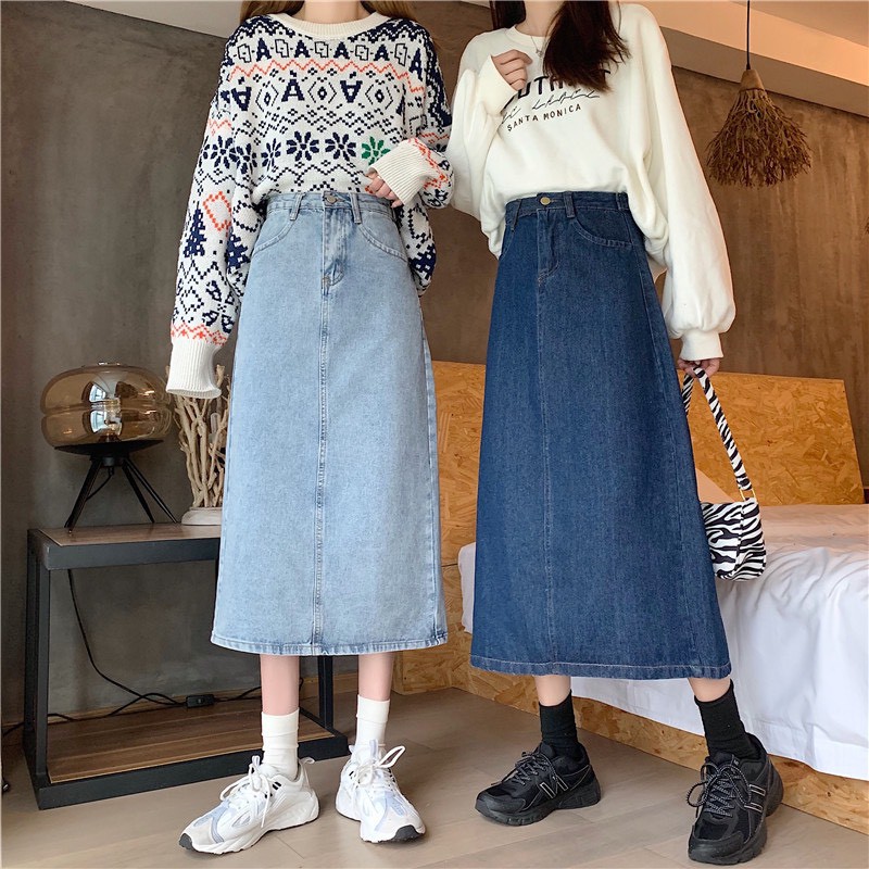 Chân váy jean dài KABICO cạp cao dáng dài qua gối, chân váy bò kaki dài phong cách ulzzang A7