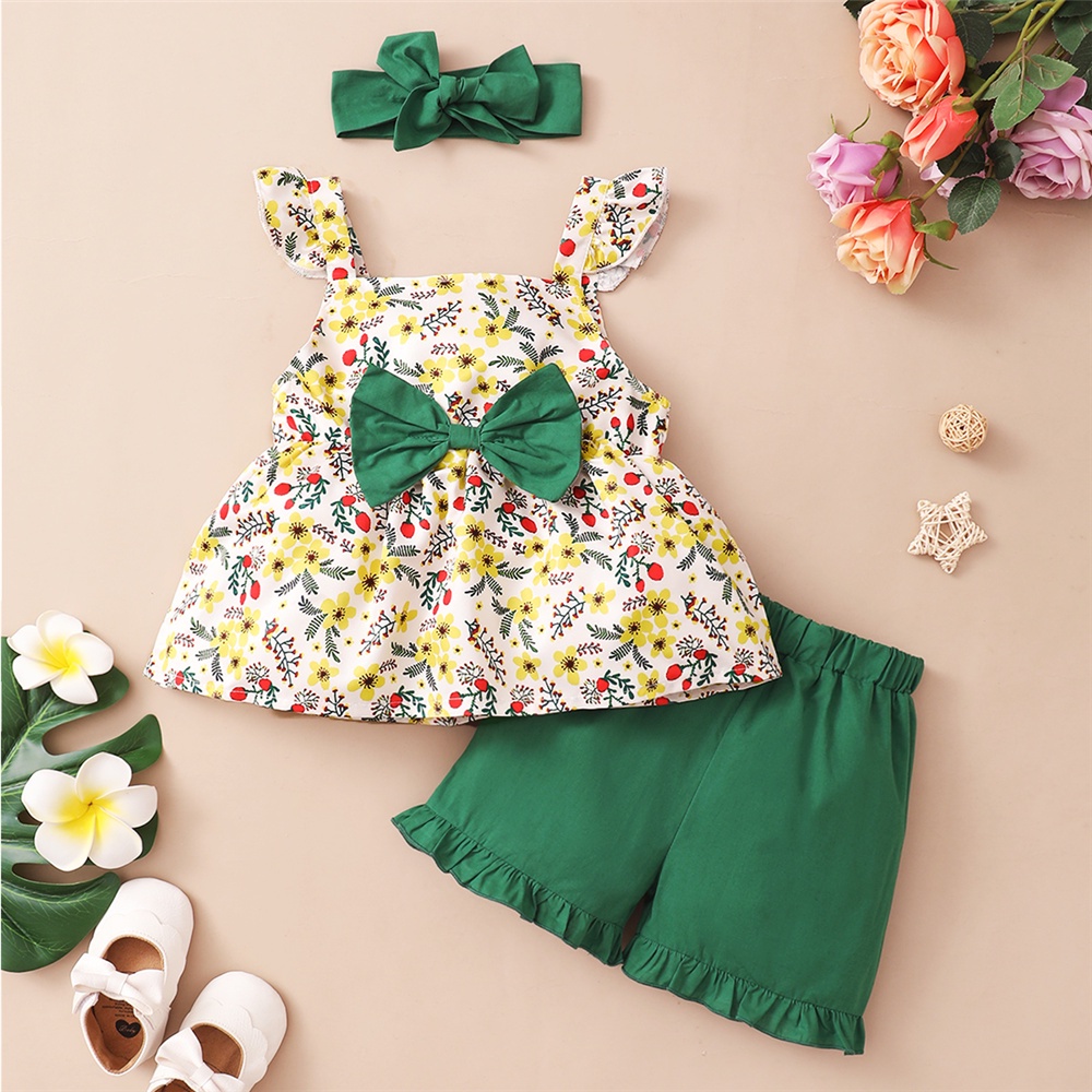 Trang phục Mikrdoo 3 món gồm áo tay cánh bướm in hoa + quần short + băng đô thời trang cho bé gái 1-5 tuổi