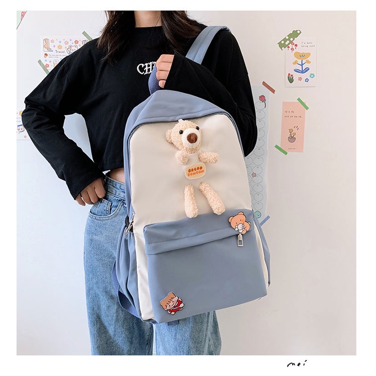 Balo Thời Trang Ulzzang Nữ, Cặp Học Sinh Sinh Viên Kèm Gấu Dễ Thương C9012-3002