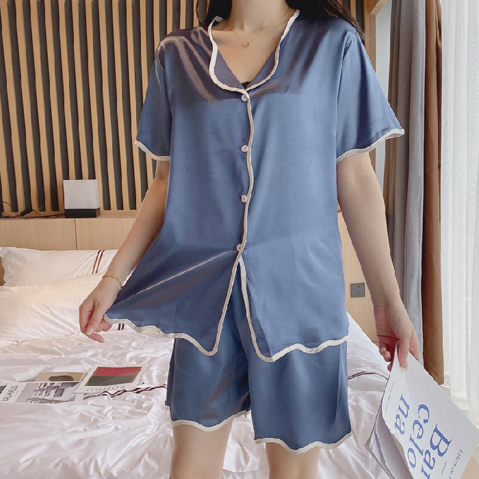 Bộ Đồ Ngủ Ngắn Tay Bằng Lụa Satin Phong Cách Hàn Quốc Cho Nữ