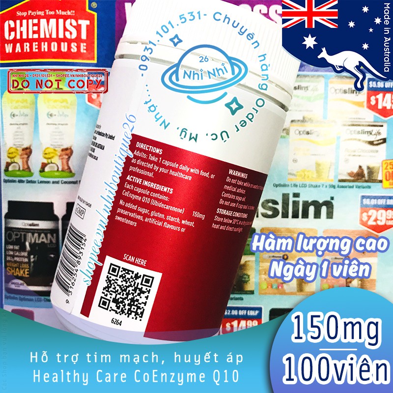 💖CÓ BILL ÚC💖  Hỗ trợ tim mạch, huyết áp Healthy Care Coenzyme Q10 150mg 100 viên 💖 Thompson's CoQ10 300mg  60 viên