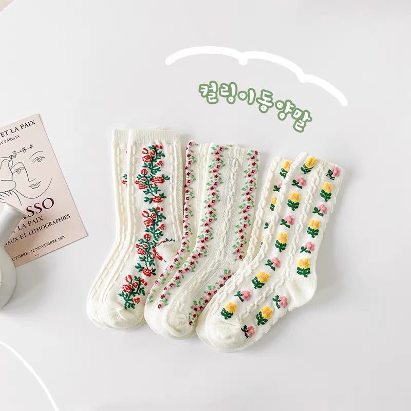 Vớ Cotton Trơn Màu Họa Tiết Hoa Phong Cách Hàn Quốc Thời Trang Thu Đông Dành Cho Bé Gái