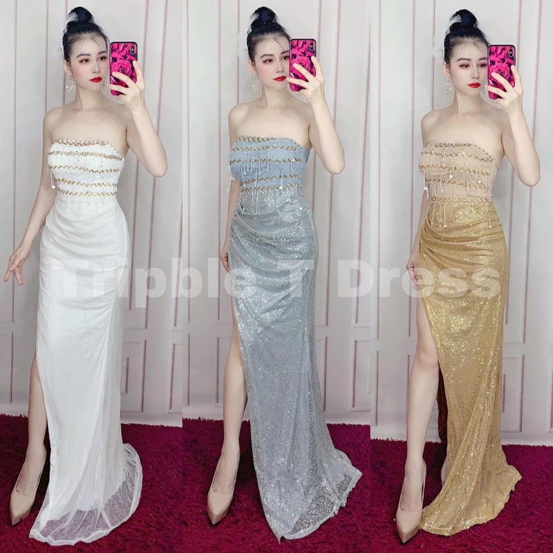 Đầm maxi kim sa kết hạt có lót trễ vai xoắn eo sang trọng TRIPBLE T DRESS - size M/L - MS127V