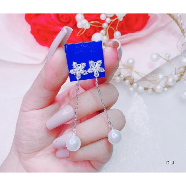 BÔNG TAI HOA ĐÁ KÈM TRAI XINH DÁNG DÀI - BÔNG TAI BẠC TA