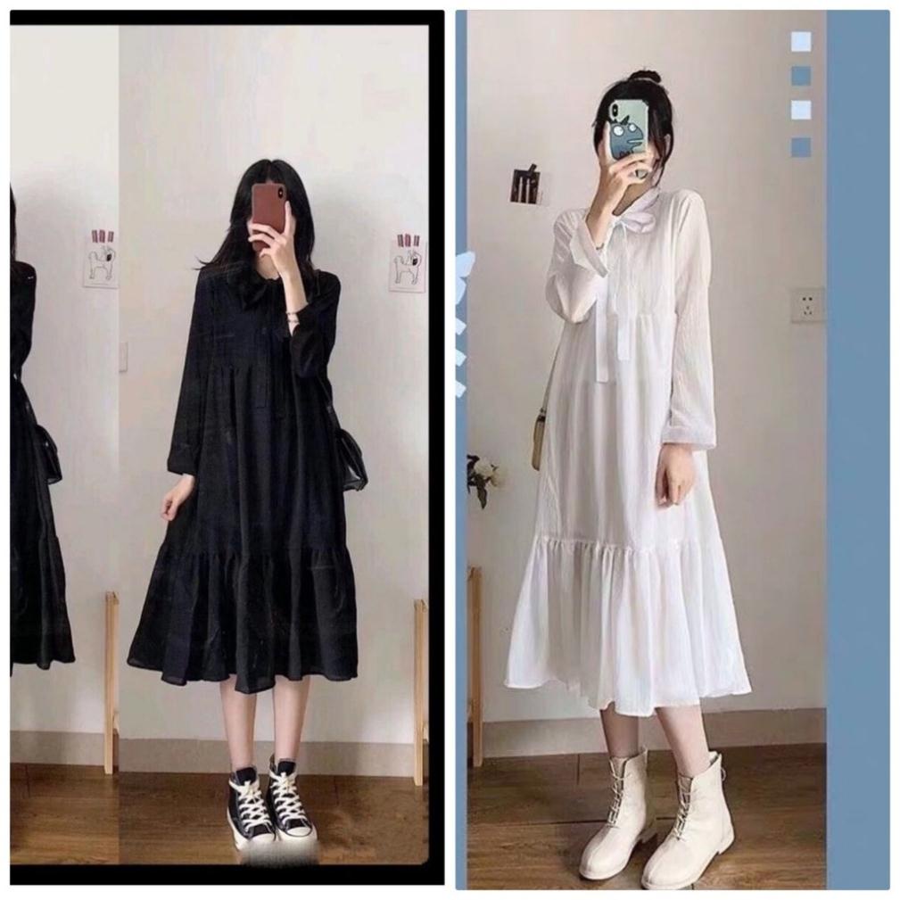 Đầm nữ babydoll tay phồng nơ cổ hai màu basic dáng xoè💥Váy dáng dài tiều thư 2 lớp đáng yêu vintage ulzzang giá rẻ | BigBuy360 - bigbuy360.vn