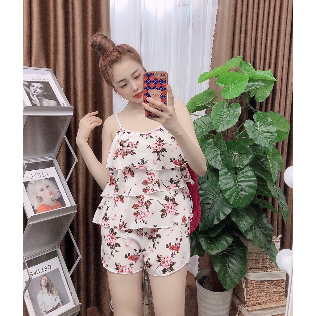 Đồ ngủ  2 dây 3 tầng sexy vải lụa hàn siêu mát , mềm mịn họa tiết nhiều mẫu siêu xinh freesize dưới 57kg
