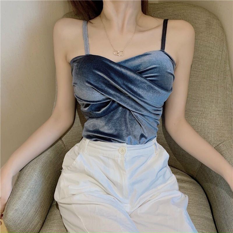 Áo 2 dây nhung xoắn ngực hàng QC