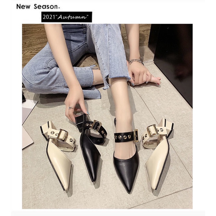 Giày sục nữ mũi nhọn da mềm khóa gài gót cao 3cm