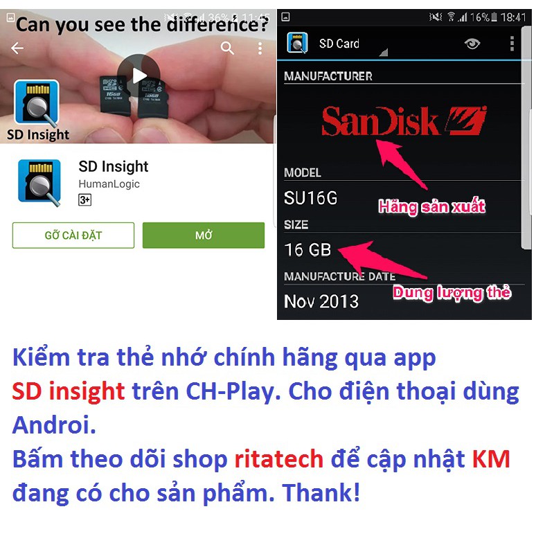 Thẻ nhớ 16G Micro SD Sandisk Ultra chính hãng. BH 5 năm