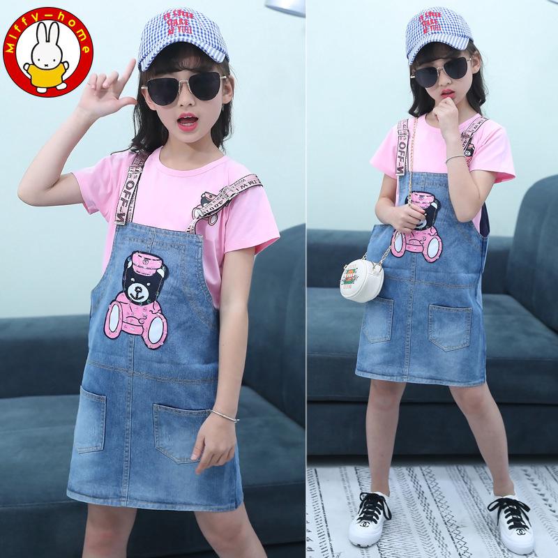 Set Áo Thun Ngắn Tay + Váy Yếm Jean Cho Bé Gái