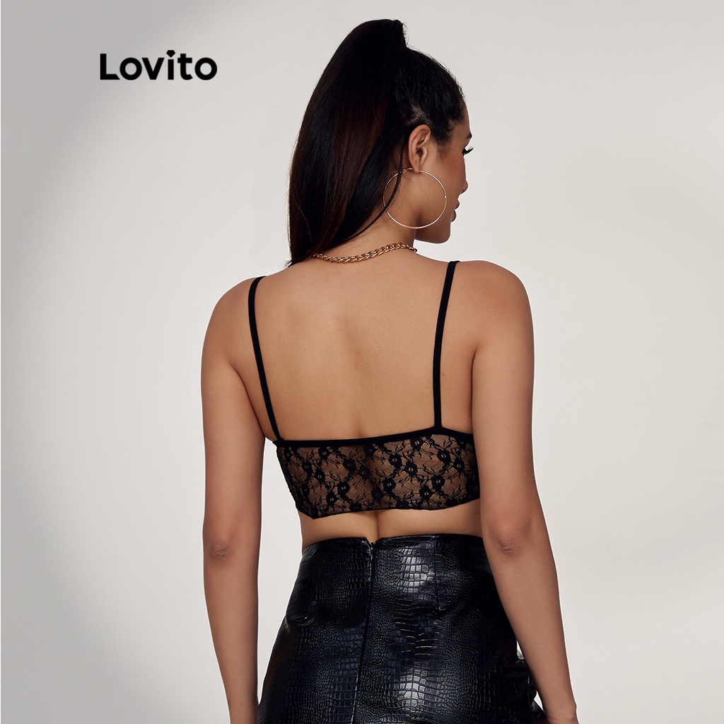 Áo Lovito dây treo màu trơn phối ren tương phản đính nơ xuyên thấu phong cách sexy L17D129 (Màu đen)