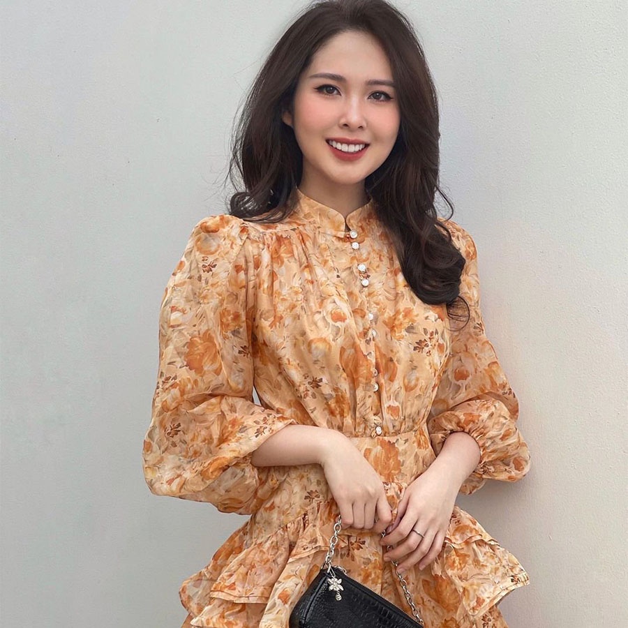 DEAR JOSÉ - Đầm xòe ngắn tay phồng lửng Lunar vải voan hoa cam