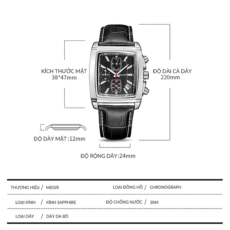 Đồng hồ nam MEGIR MG01 dây da chống nước cao cấp 6 kim có lịch mặt vuông chống xước | BigBuy360 - bigbuy360.vn