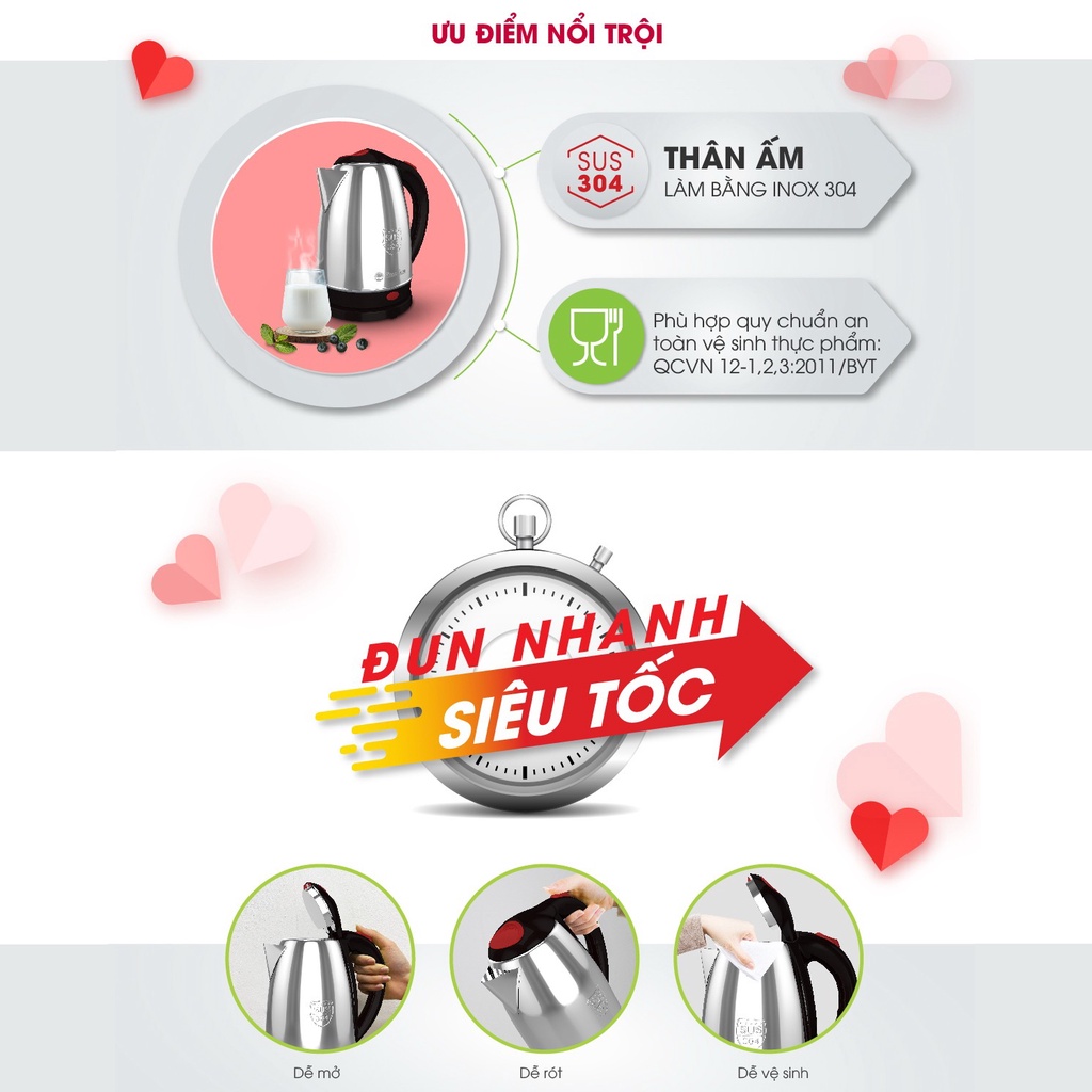 Ấm siêu tốc - Bình đun nước siêu tốc sôi nhanh tự ngắt 1.8 lít thân inox - chính hãng Rạng Đông RD-AST18ST2 Boremart