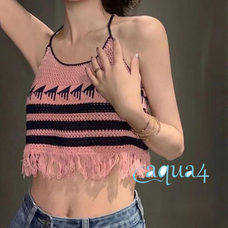 Áo Croptop Sát Nách Hở Lưng Họa Tiết Kẻ Sọc Phối Tua Rua Gợi Cảm Cho Nữ