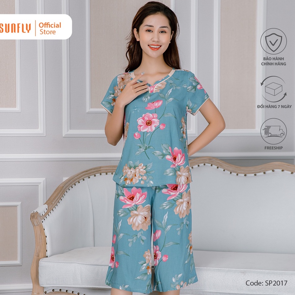 Bộ đồ mặc nhà lanh SUNFLY áo cộc quần ngố - ống sớ SP2017