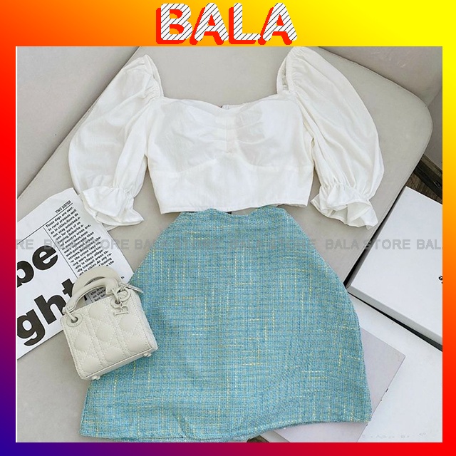 Set Áo Croptop Trắng Cổ Vuông Cúp Ngực Tay Bồng + Chân Váy Xanh Ngắn Chất Dạ Đẹp