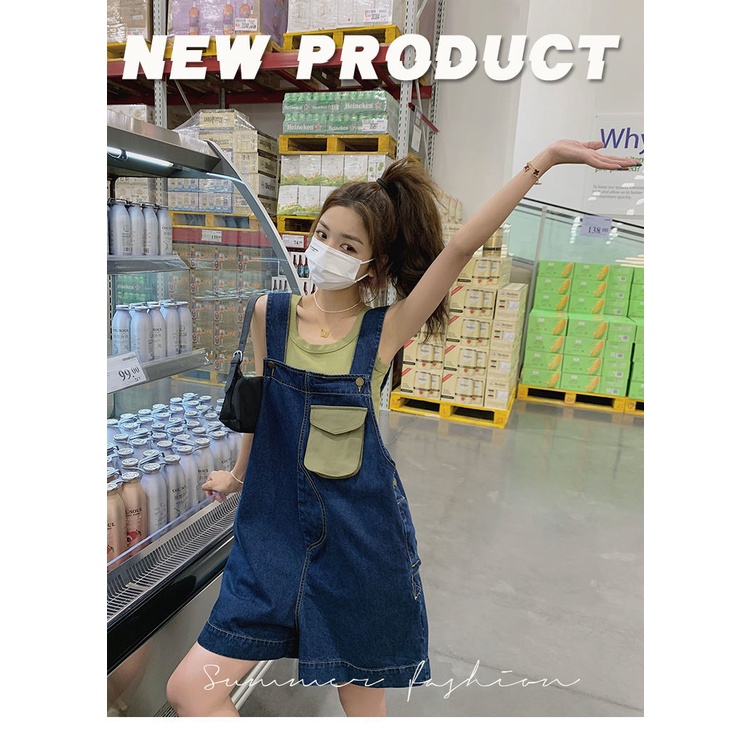 Quần yếm jean mỏng ngắn dáng rộng thời trang mùa hè đường phố Hàn Quốc ngọt ngào dành cho nữ