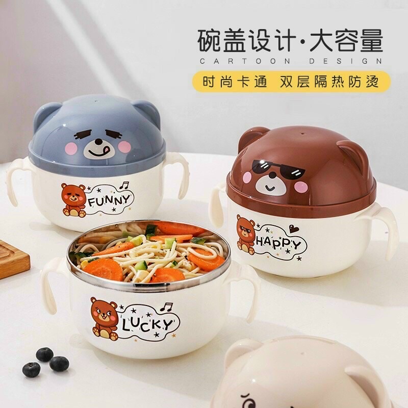 Bát ăn, bát úp mì cute ruột inox có kèm thìa