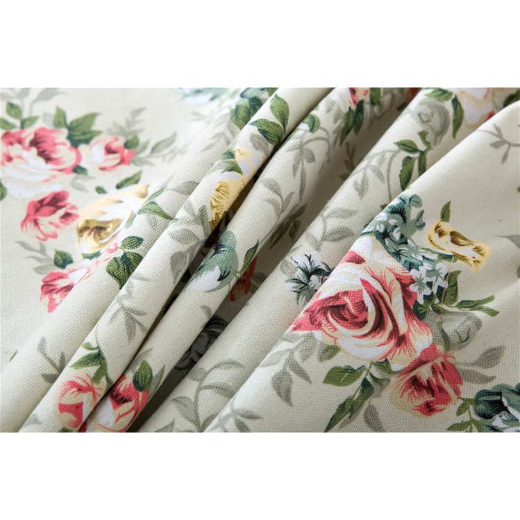 [Size lớn] Khăn trải bàn vải canvas nền trắng dày cao cấp có viền mép hoạ tiết hoa hồng dây phong cách vintage [T031]