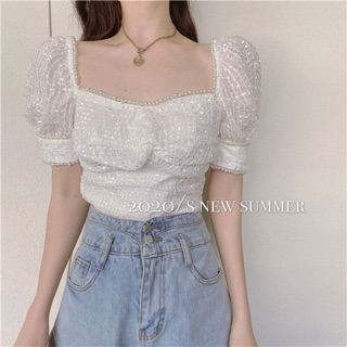 [Oder] Áo cổ đính ngọc croptop