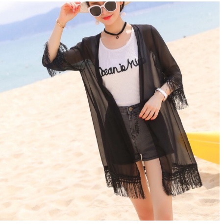 Áo choàng đi biển, áo khoác kimono nữ phối tua rua VATIXA  AÓ KHOÁC TUARUA