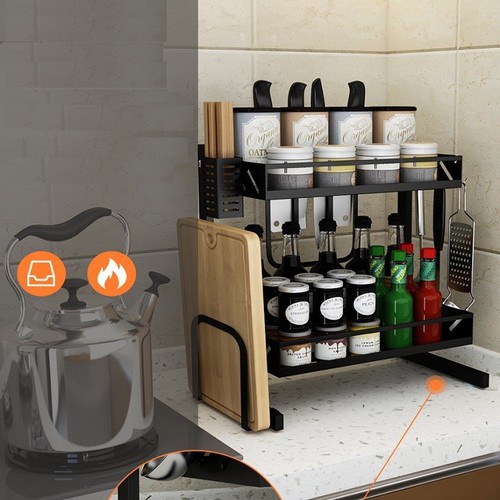 Kệ gia vị 2 tầng có chỗ để dao thớt - kệ thép đen để đồ nhà bếp đa năng